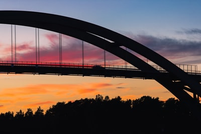 日落时悬索桥的轮廓